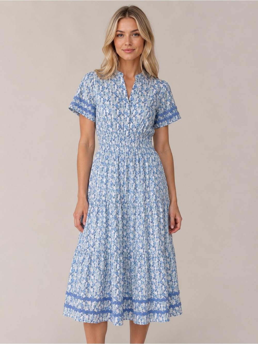 Sail to Sable Flowering Vine Flutter Sleeve Ric-Rac Midi Dress Blue Floral Sz XS